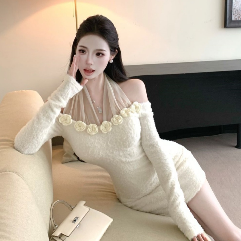 實拍實價性感網紗拼接長袖女秋季新款修身顯瘦露肩辣妹包臀連衣裙