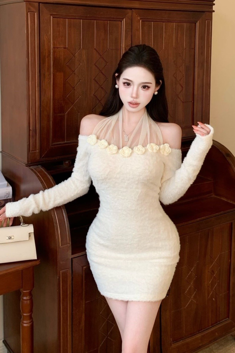 實拍實價性感網紗拼接長袖女秋季新款修身顯瘦露肩辣妹包臀連衣裙