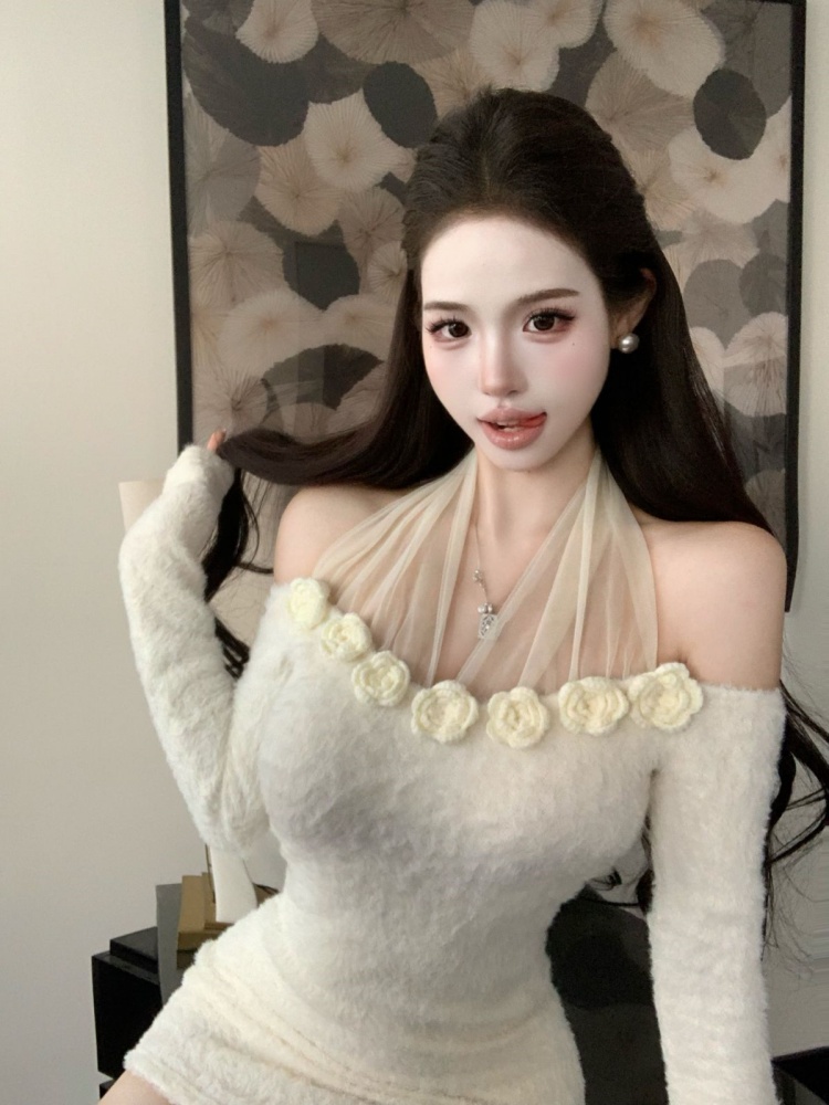 實拍實價性感網紗拼接長袖女秋季新款修身顯瘦露肩辣妹包臀連衣裙