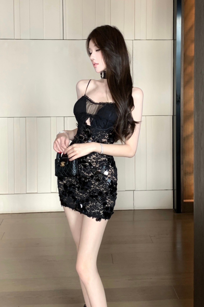 實拍實價 御姐風亮片辣妹性感修身包臀吊帶裙氣質感黑色連衣裙