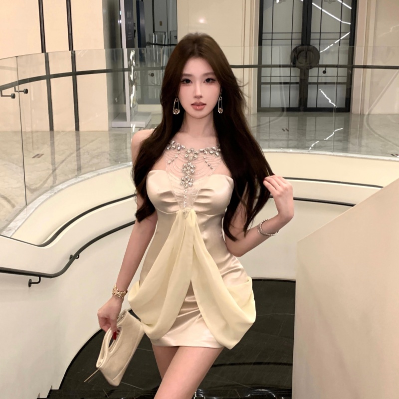 實拍實價 名媛千金風鑲鉆掛脖連衣裙女性感高級感氣質禮服短裙