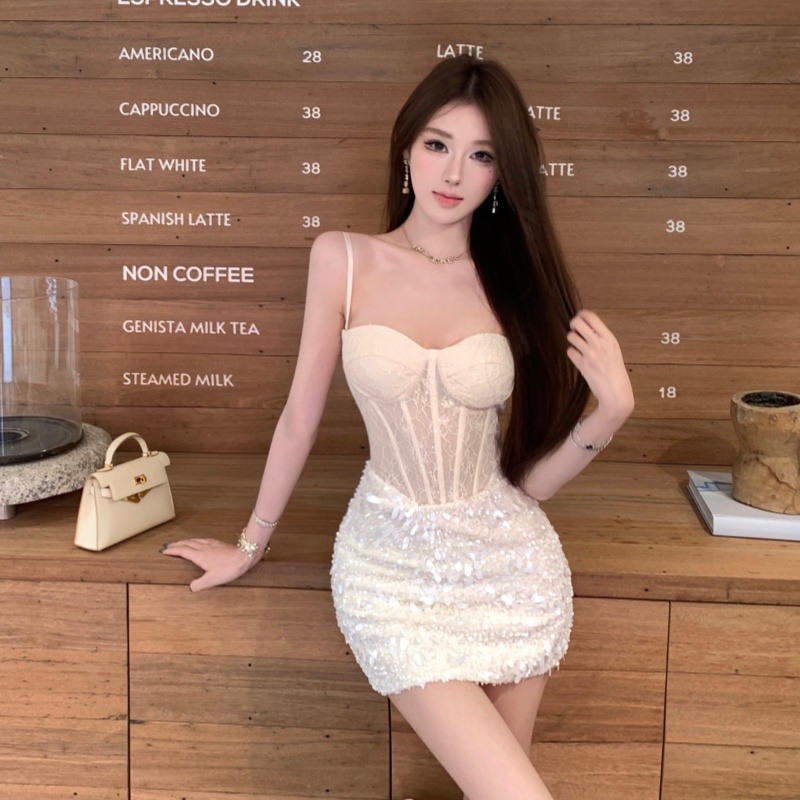 實拍實價 純欲蕾絲魚骨吊帶連衣裙女 名媛性感褶皺包臀短裙
