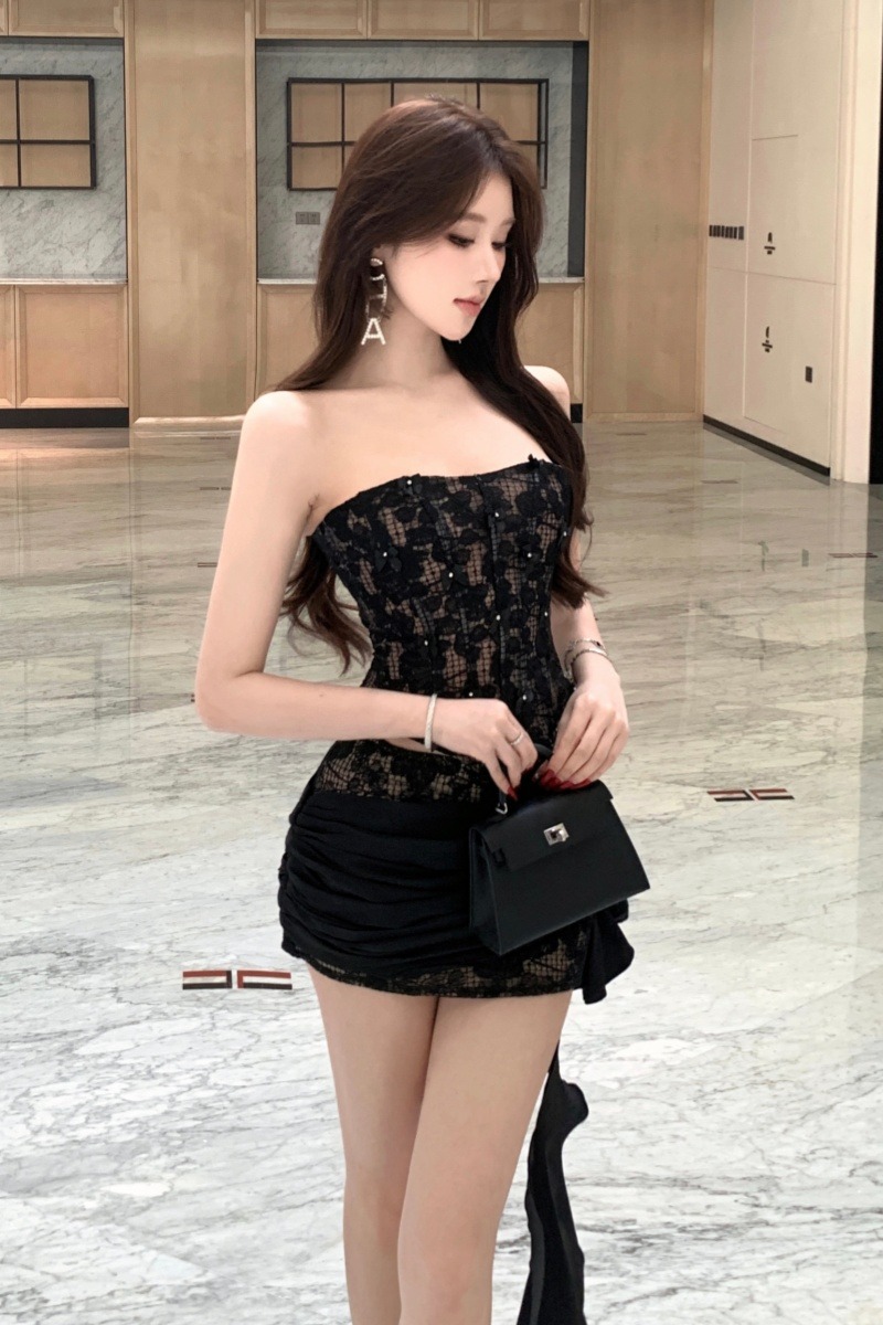 實拍實價 辣風抹胸魚骨束腰不規則飄帶女夏性感顯瘦上衣套裝裙
