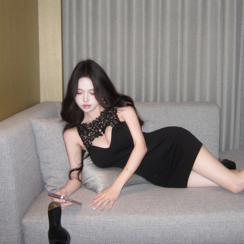 實拍實價  辣妹蕾絲拼接修身顯瘦包臀打底連衣裙短款