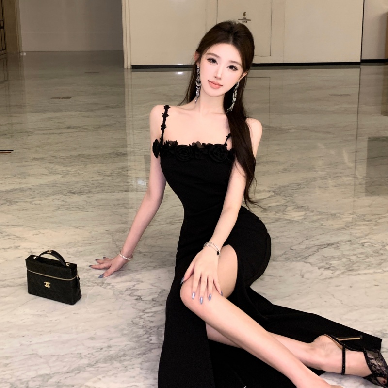 實拍實價 法式名媛風性感露肩連衣裙女 氣質收腰禮服長裙