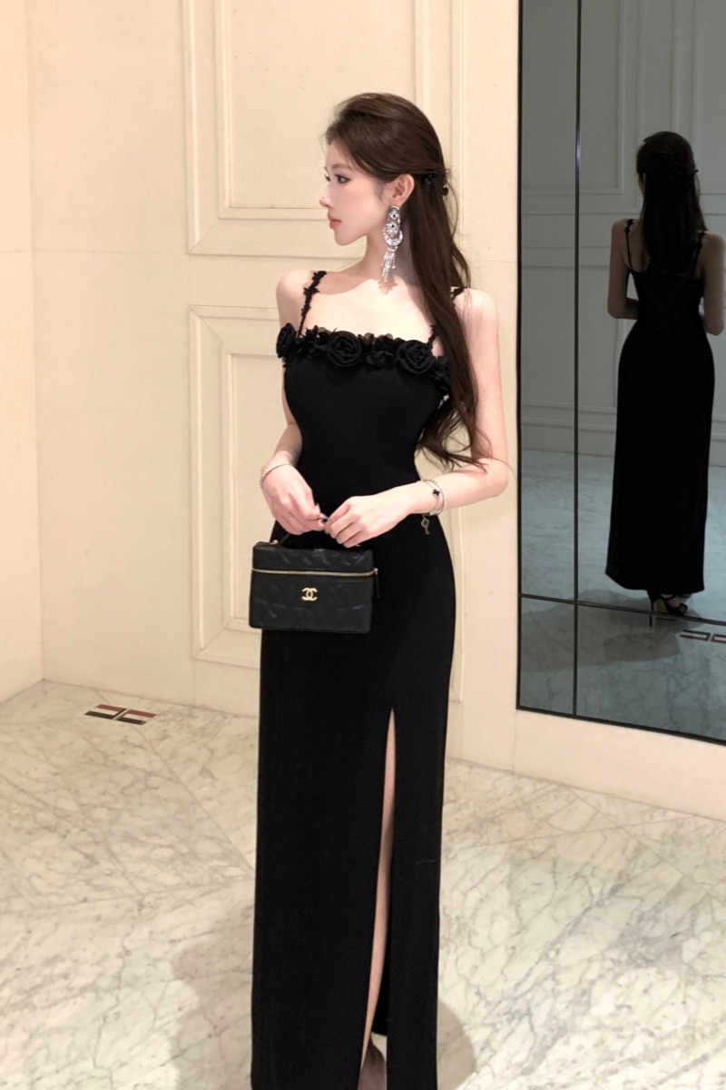 實拍實價 法式名媛風性感露肩連衣裙女 氣質收腰禮服長裙