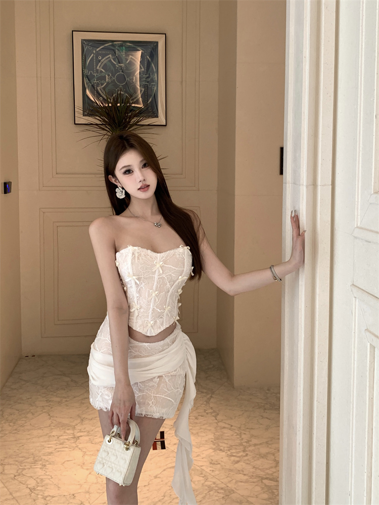 實拍實價 辣風抹胸魚骨束腰不規則飄帶女夏性感顯瘦上衣套裝裙