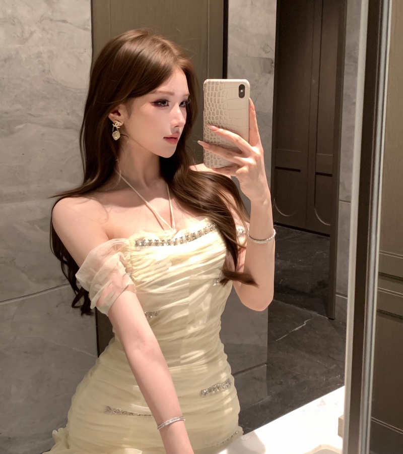 實拍實價 千金網紗掛脖連衣裙女高級感氣質名媛生日宴會禮服裙子