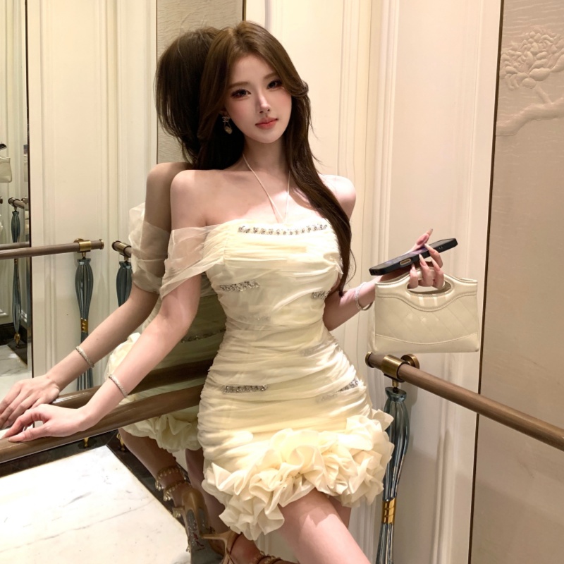 實拍實價 千金網紗掛脖連衣裙女高級感氣質名媛生日宴會禮服裙子