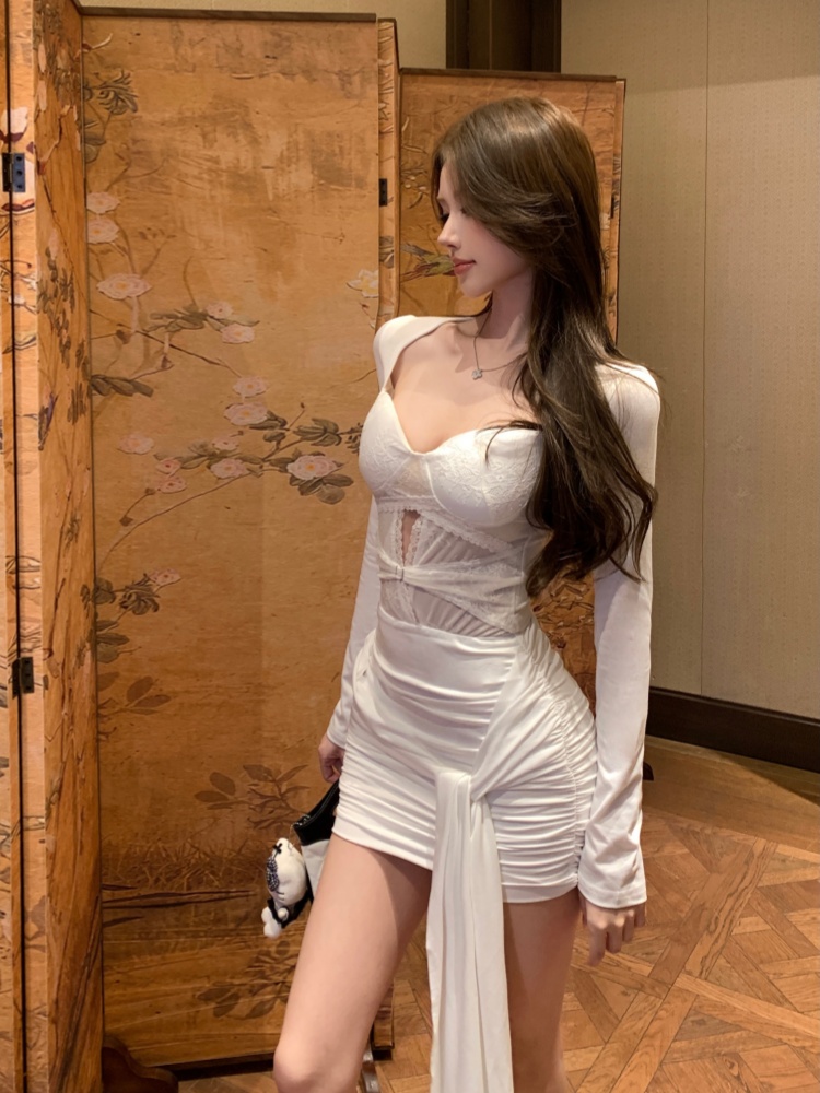 實拍實價 辣妹風蕾絲拼接長袖連體衣褶皺顯瘦包臂連衣裙