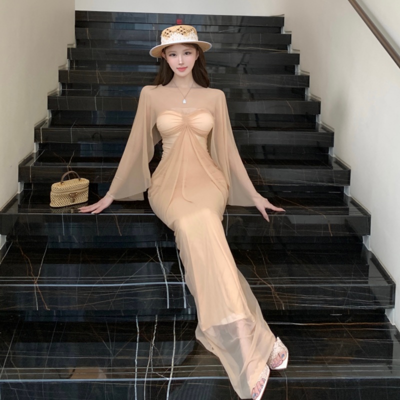 實拍實價 絕美網紗溫柔風抹胸連衣裙2026新款輕奢高級感收腰長裙
