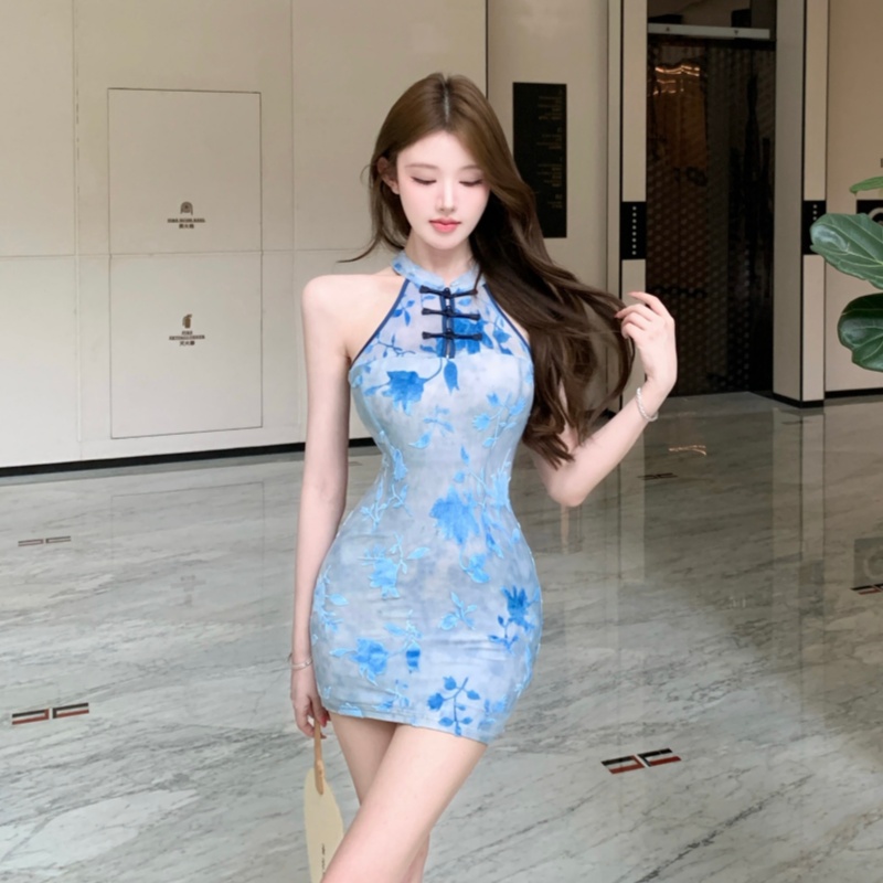 實拍實價 新中式國風改良盤扣旗袍連衣裙女設計感提花包臀短裙