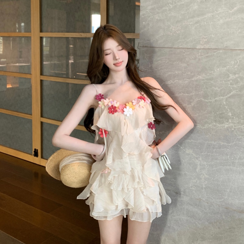 實拍實價 彩花荷葉邊飄帶連衣裙泡泡紗度假夏季新款短裙女
