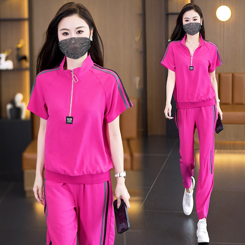 MY12351# 简约休闲套装夏季新款时尚宽松减龄立领上衣哈伦裤两件套女裝...