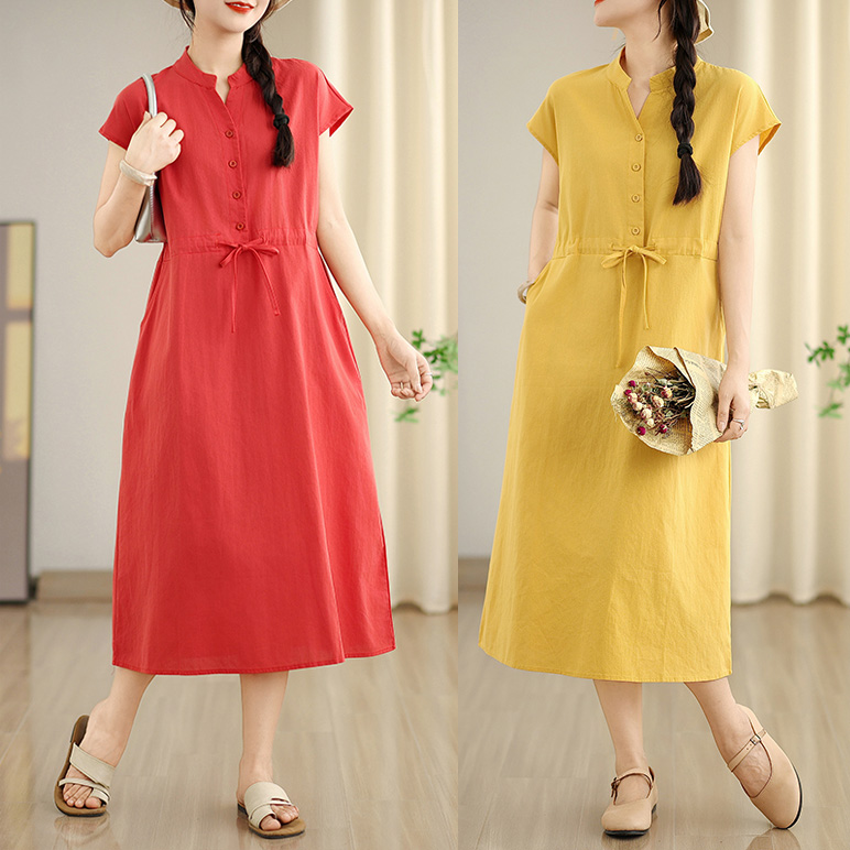 RY2411# 实拍短袖棉麻连衣裙女2026夏季新款文艺范中长款亚麻打底裙...
