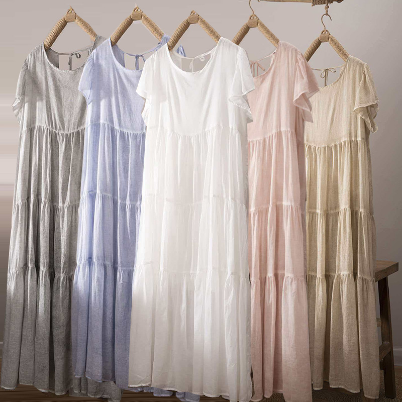 RY2408# 棉麻连衣裙女2026夏季新品纯色中长款蛋糕裙短袖亚麻打底裙...
