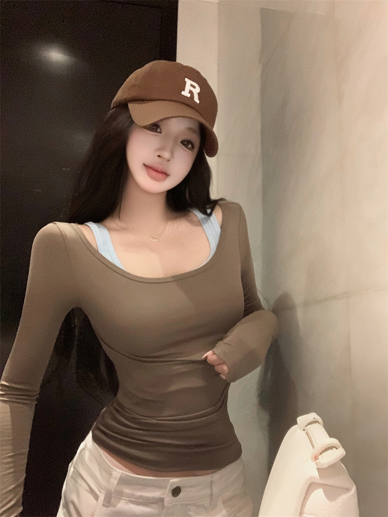 MY13539# 设计感假两件长袖打底衫T恤上衣女女裝貨源服裝批發