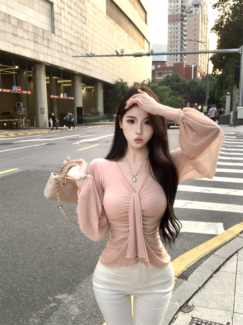 MY13536# 温柔纯欲氛围感修身褶皱v领弹力长袖T恤上衣女裝貨源服裝批...