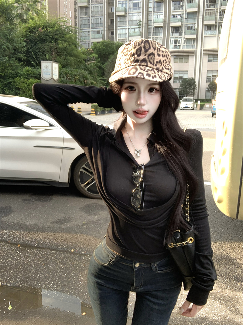 MY14649# 荡领Polo领修身假两件T恤女早秋短款长袖打底上衣女裝貨源服裝批發