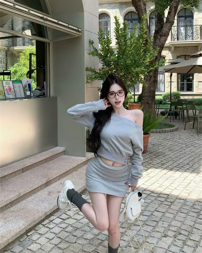 MY13535# 慵懒感美式辣妹斜肩卫衣翻边包臀半裙套装女裝貨源服裝批發