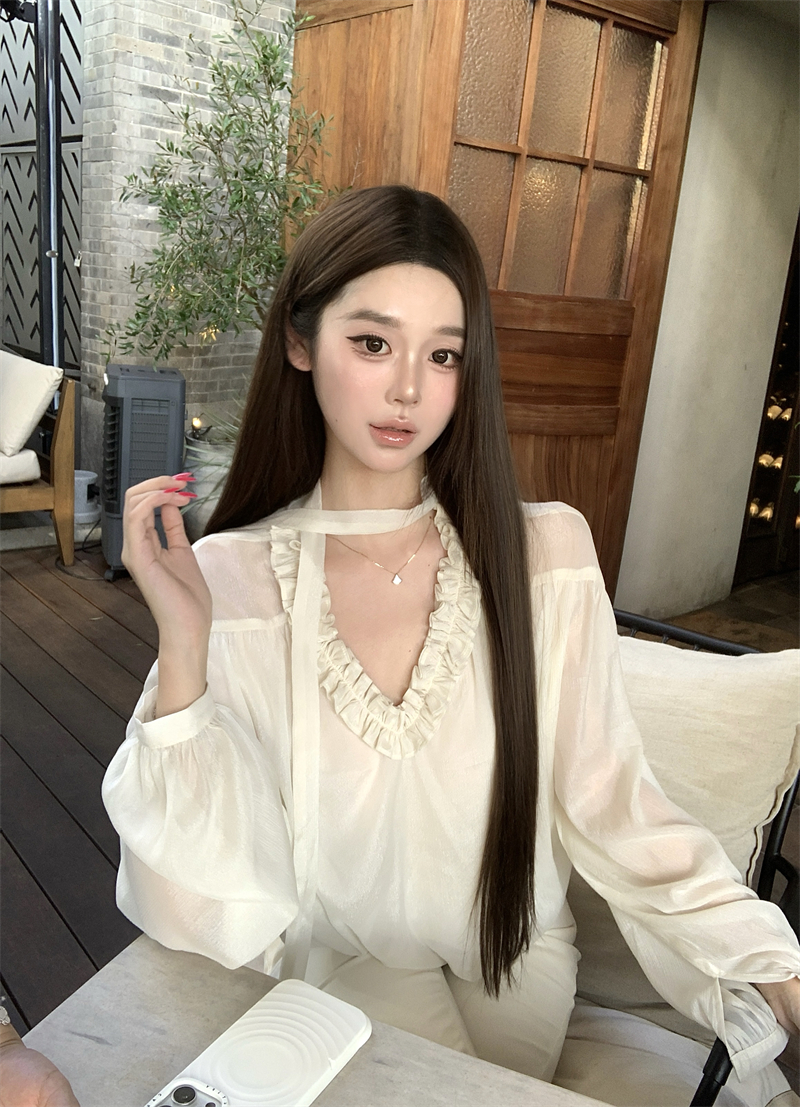 MY13534# 木耳边v领飘带衬衫宽松长袖内搭上衣衬衣女裝貨源服裝批發