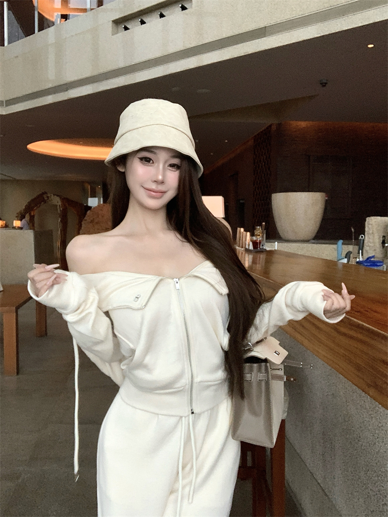 MY13682# 连帽一字肩卫衣长袖短款外套直筒休闲裤套装女裝貨源服裝批發