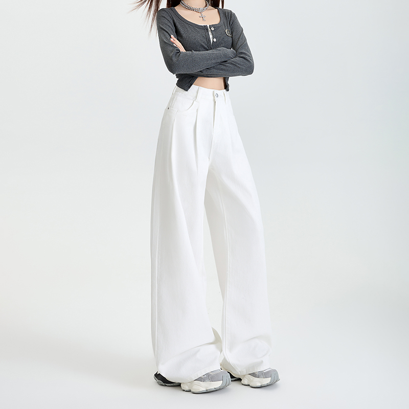 白色牛仔長褲女秋冬韓版高腰褶皺寬松休閑百搭垂感直筒闊腿拖地褲