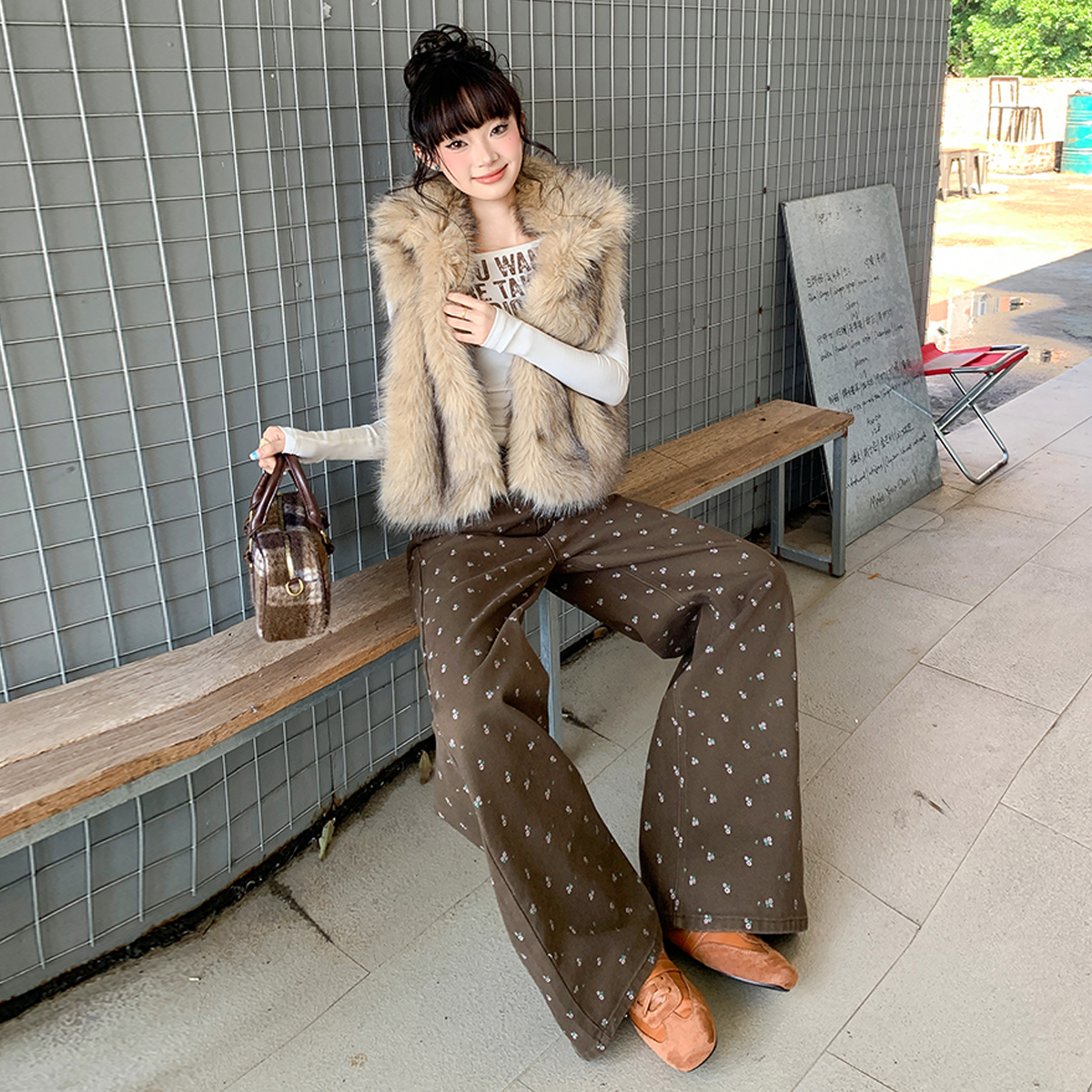 2026春季新款碎花牛仔長褲女美式高腰寬松百搭休閑慵懶闊腿拖地褲