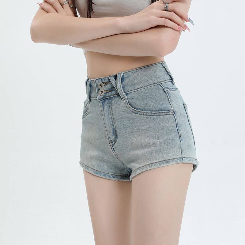 夏季新款美式高腰牛仔短褲女設計感彈力緊身包臀兩粒扣辣妹熱褲子