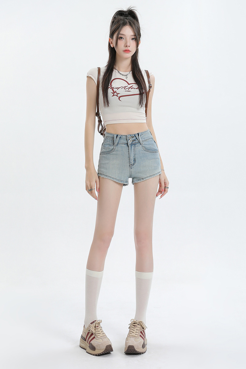 夏季新款美式高腰牛仔短褲女設計感彈力緊身包臀兩粒扣辣妹熱褲子
