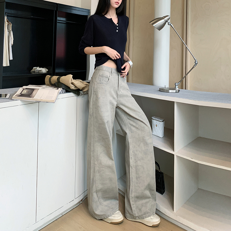 扎染牛仔長褲女春夏季美式高腰寬松設計感彎刀褲復古休閑闊腿褲子