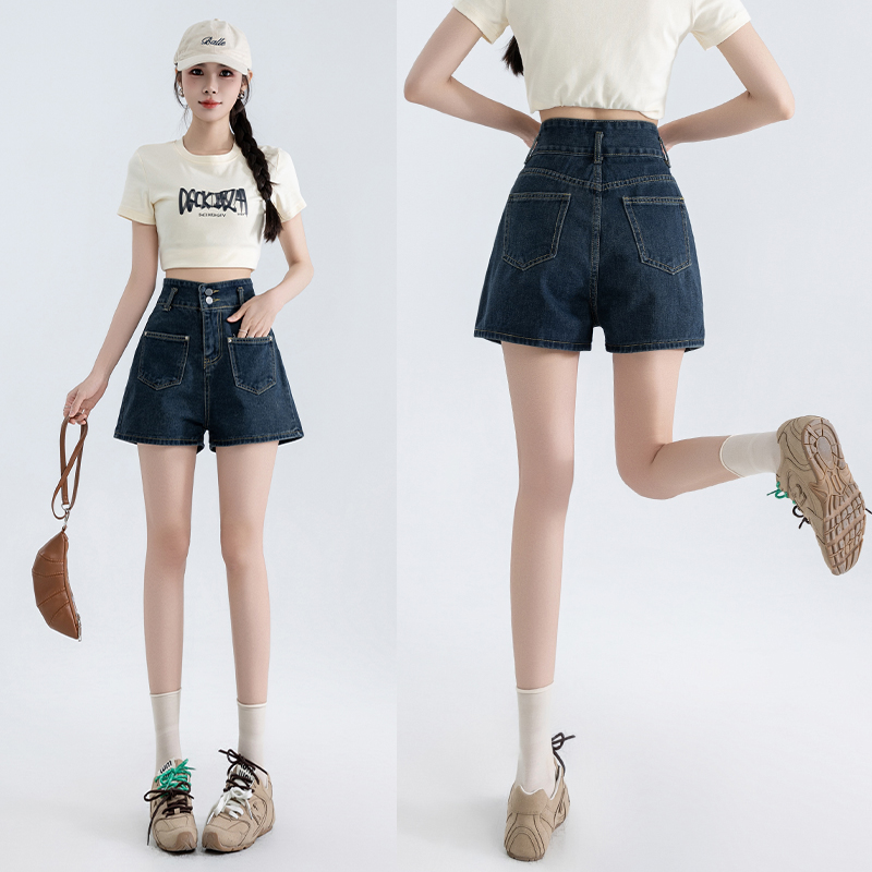 實拍復古高腰牛仔短褲女夏季新款韓版兩粒扣寬松顯瘦百搭闊腿熱褲