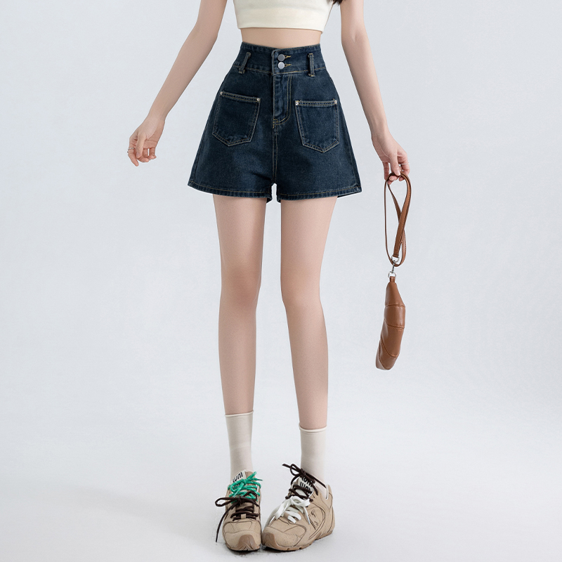 實拍復古高腰牛仔短褲女夏季新款韓版兩粒扣寬松顯瘦百搭闊腿熱褲