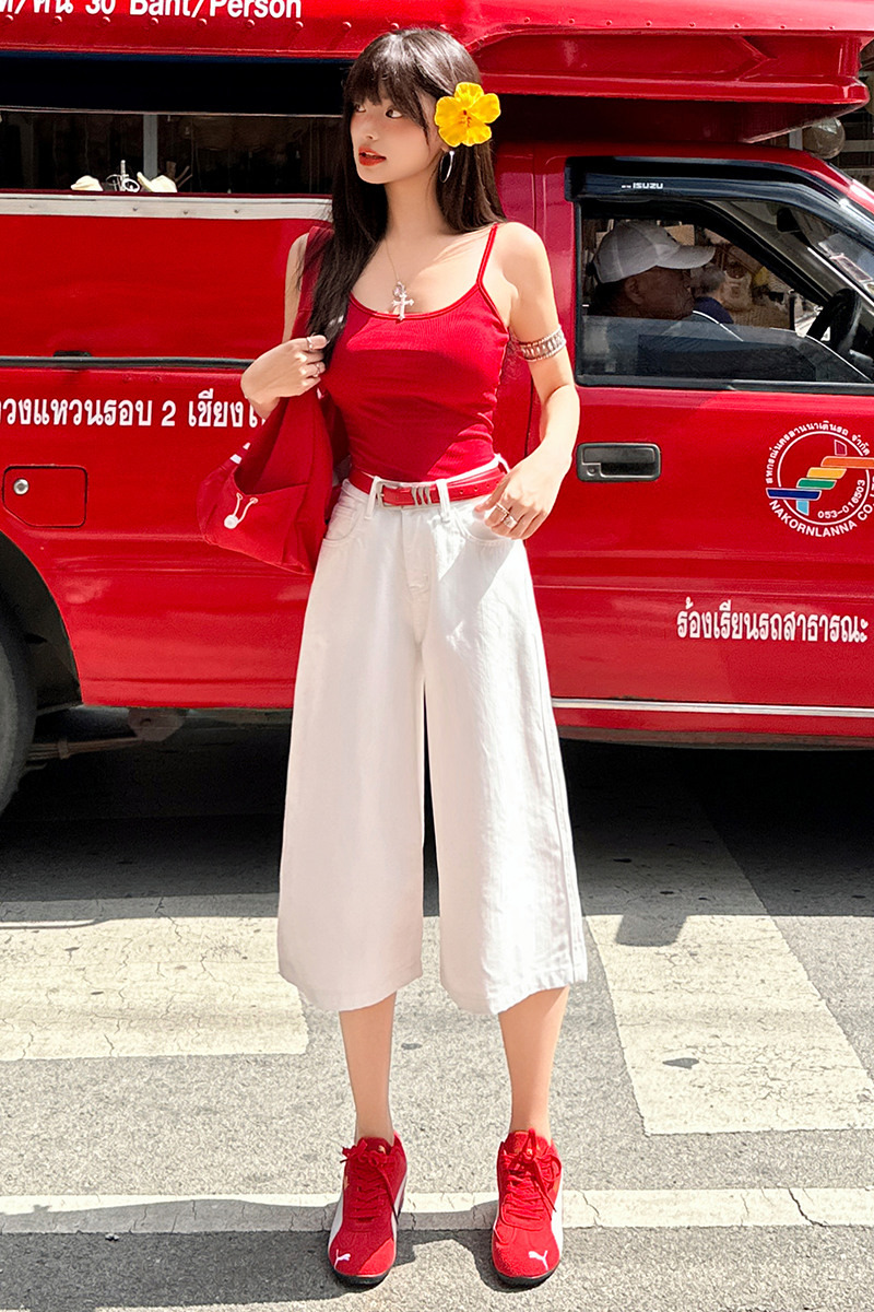 白色牛仔褲女夏季新款2026年美式高腰寬松百搭休閑闊腿中褲七分褲