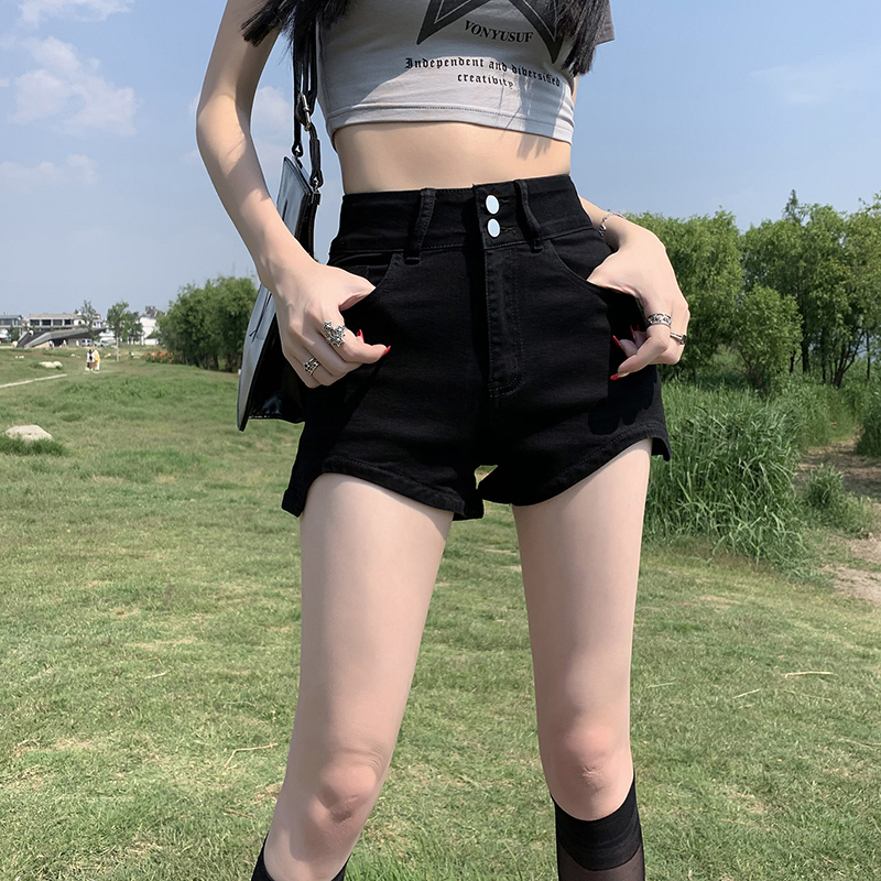 高腰牛仔短褲女夏季新款彈力緊身包臀不規則設計感兩粒扣辣妹熱褲
