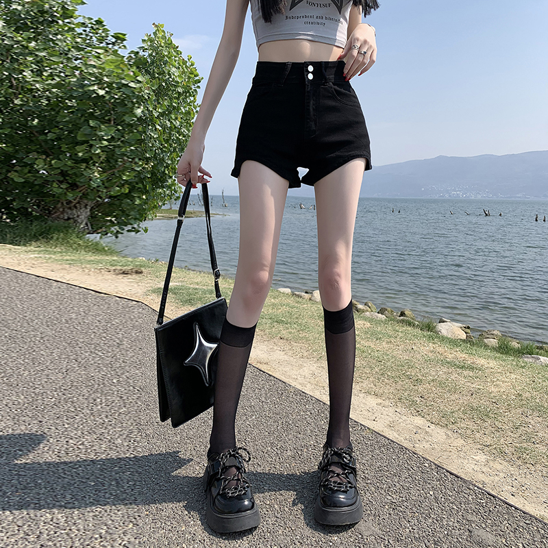 高腰牛仔短褲女夏季新款彈力緊身包臀不規則設計感兩粒扣辣妹熱褲