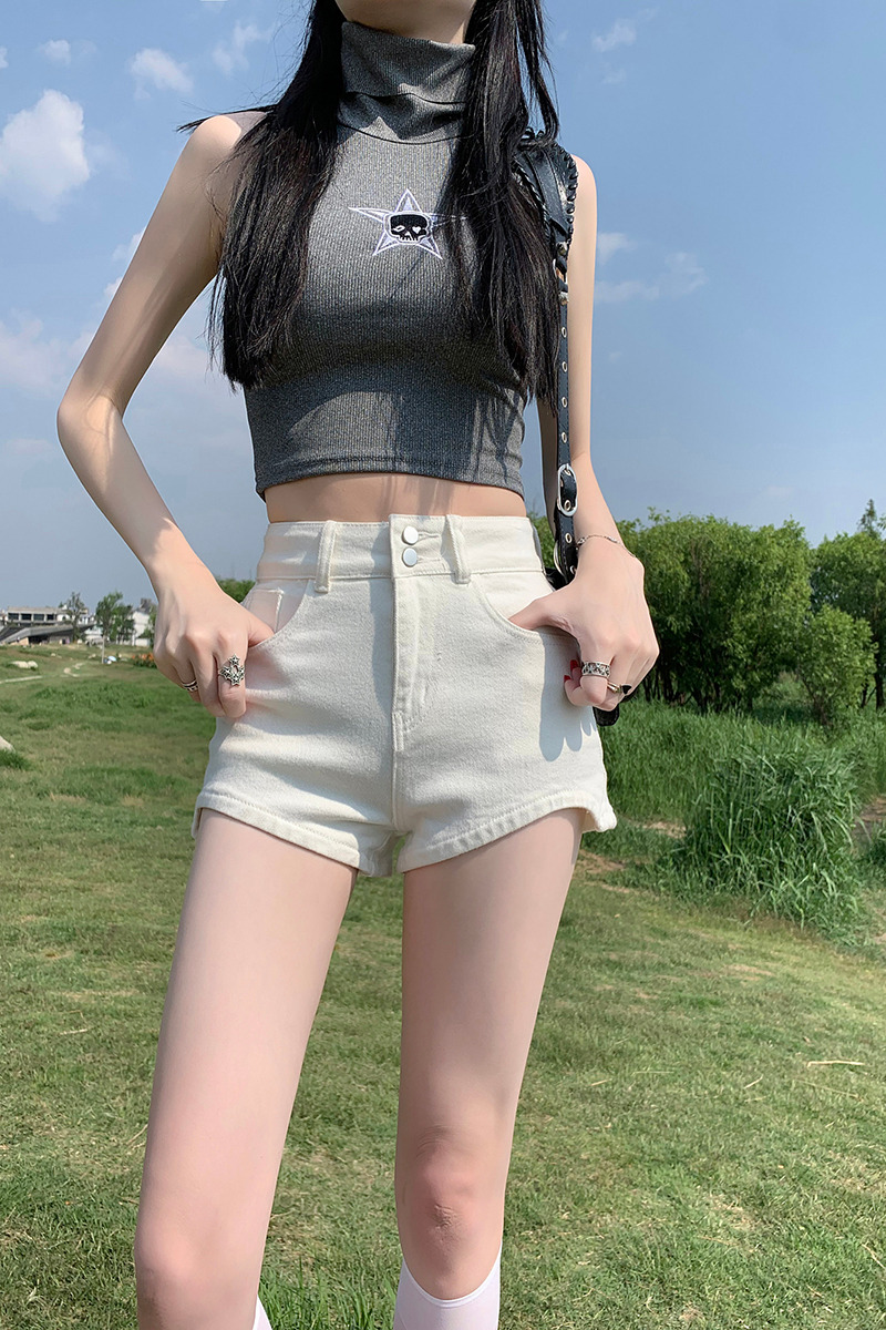 高腰牛仔短褲女夏季新款彈力緊身包臀不規則設計感兩粒扣辣妹熱褲