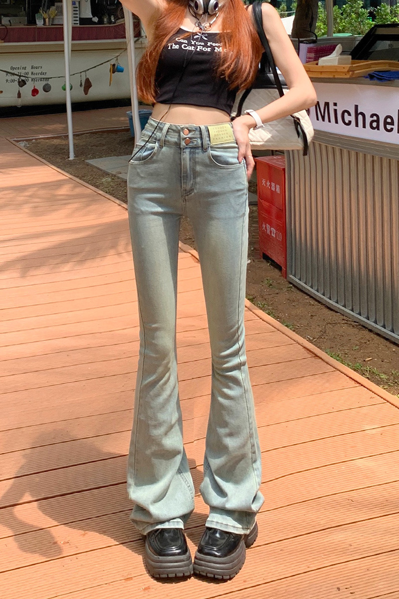 美式高腰牛仔長褲女夏季新款兩粒扣小個子彈力緊身顯瘦闊腿喇叭褲