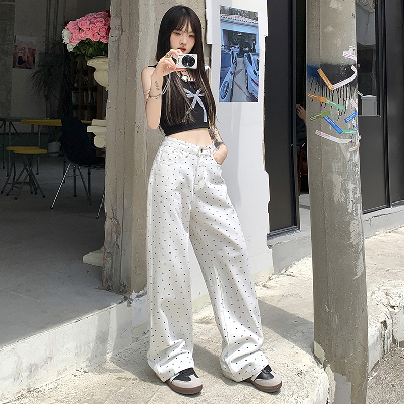 波點碎花牛仔長褲女夏季新款韓版高腰寬松百搭休閑直筒闊腿拖地褲