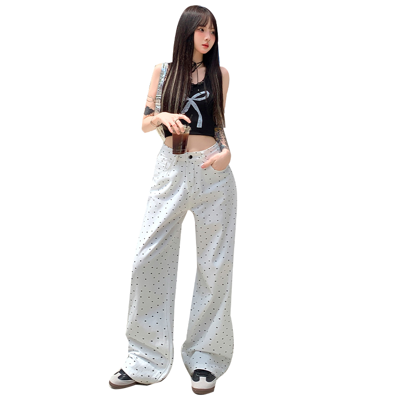波點碎花牛仔長褲女夏季新款韓版高腰寬松百搭休閑直筒闊腿拖地褲