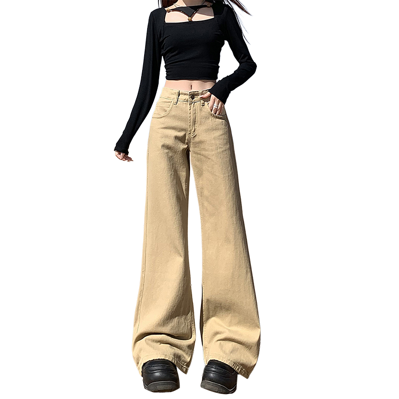 卡其色微喇不貼腿牛仔長褲女春夏美式復古低腰寬松顯瘦喇叭拖地褲