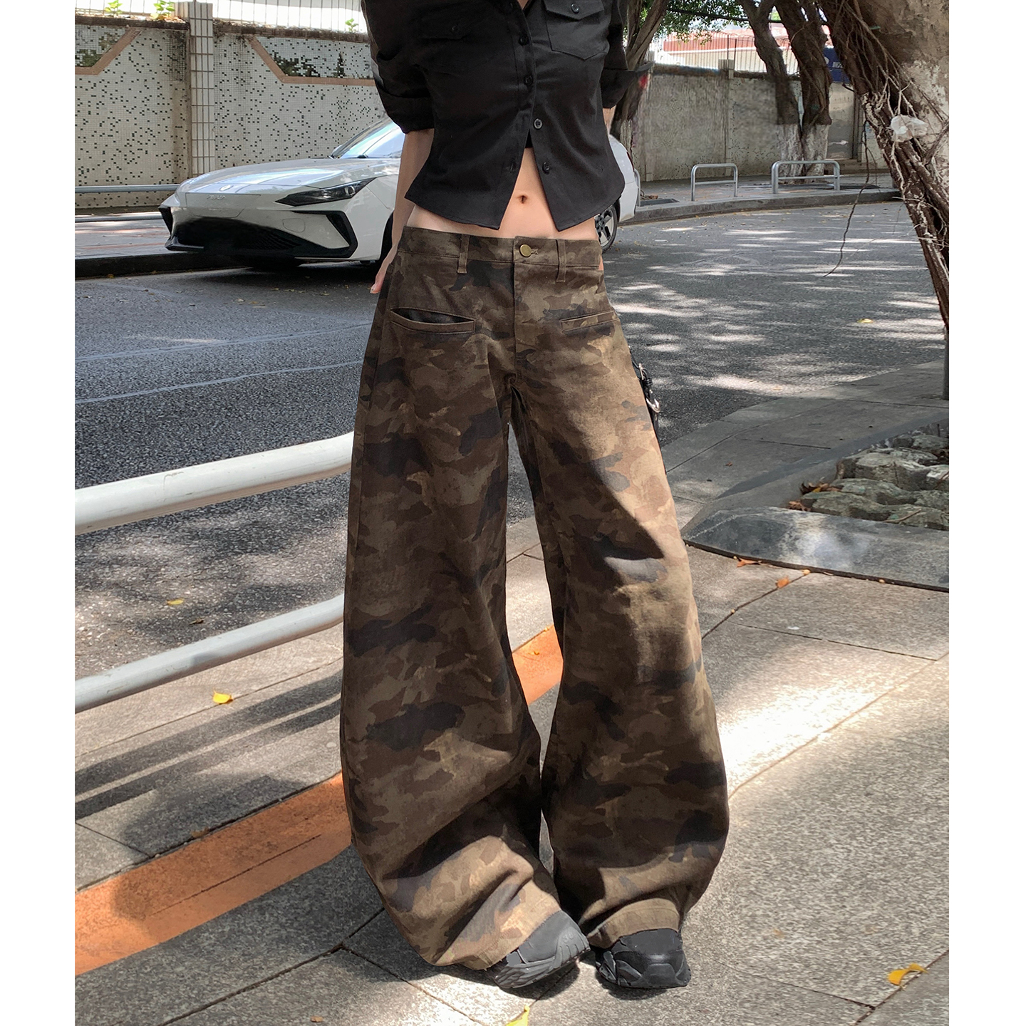 美式高腰牛仔長褲女夏季新款2026迷彩高街寬松辣妹休閑闊腿拖地褲