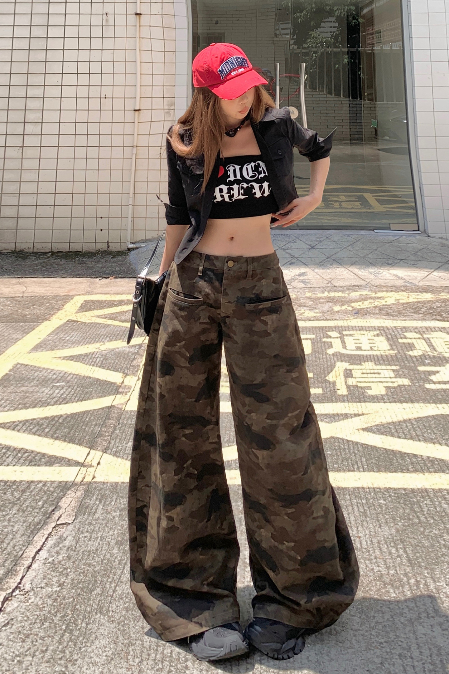 美式高腰牛仔長褲女夏季新款2026迷彩高街寬松辣妹休閑闊腿拖地褲