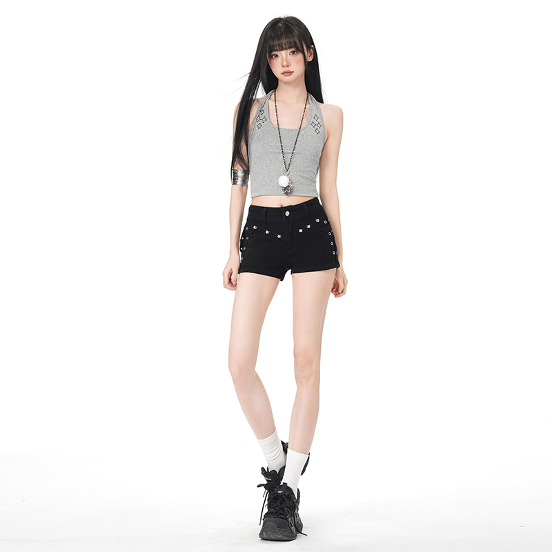 美式黑色牛仔短褲女夏季新款柳釘設計感低腰彈力修身超短褲子熱褲
