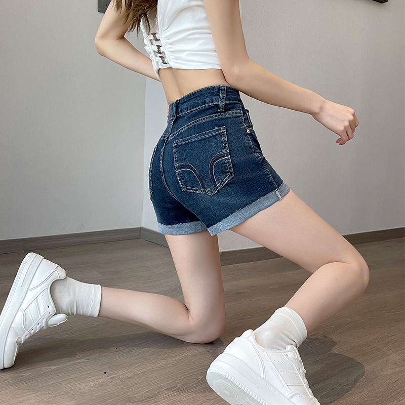 美式卷邊牛仔短褲女夏季新款豐胯低腰彈力緊身顯瘦a字包臀熱褲子