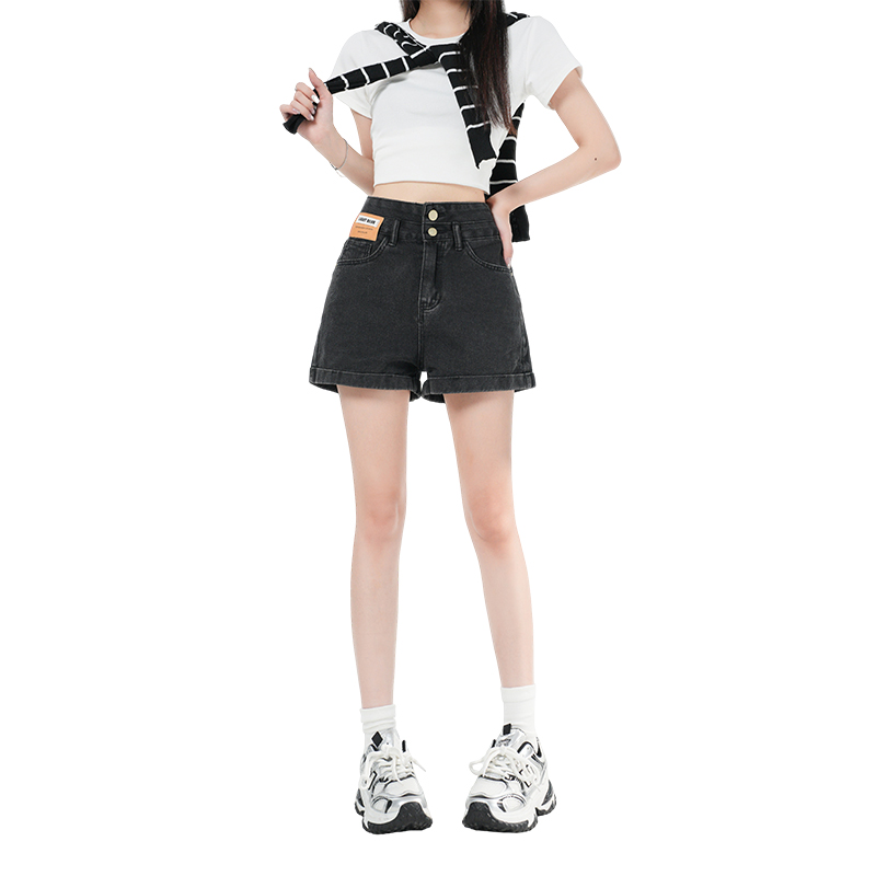 黑灰色牛仔短褲女夏季新款小個子高腰卷邊兩粒扣寬松a字闊腿熱褲