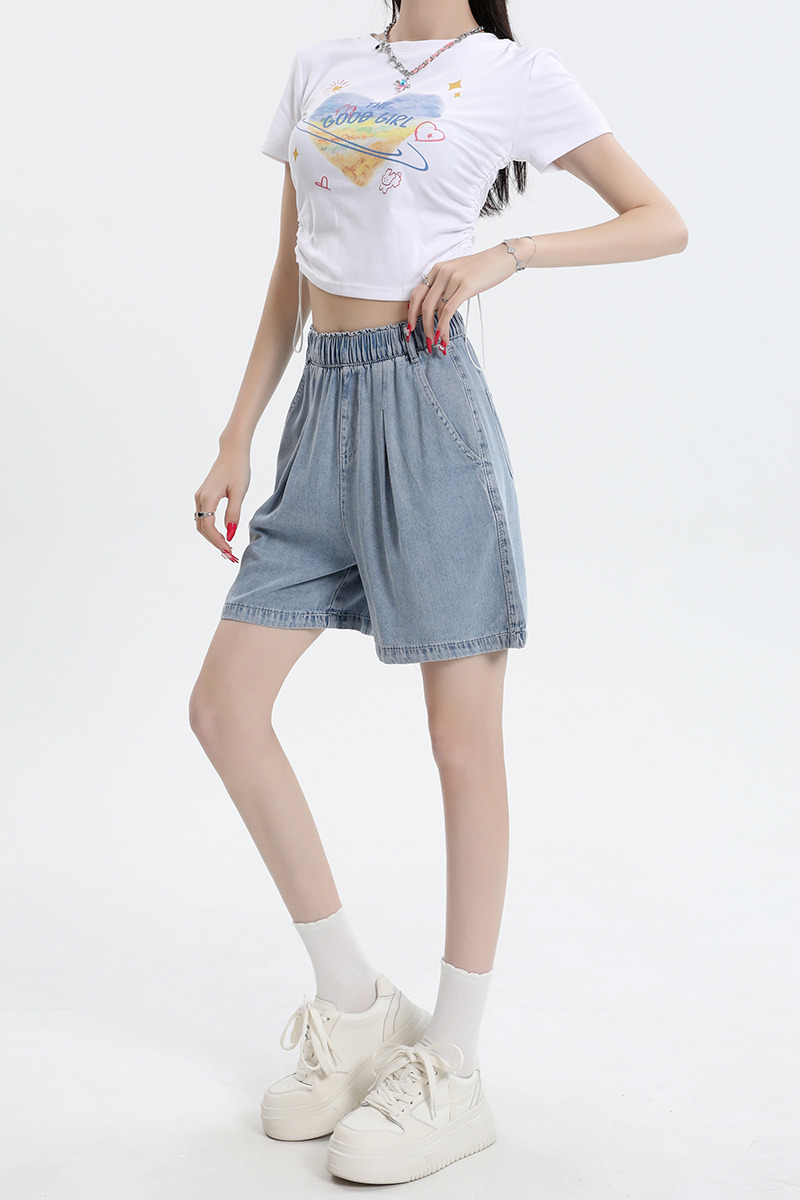 天絲牛仔短褲女夏季新款冰絲薄料松緊腰百搭休閑垂感寬松闊腿褲子