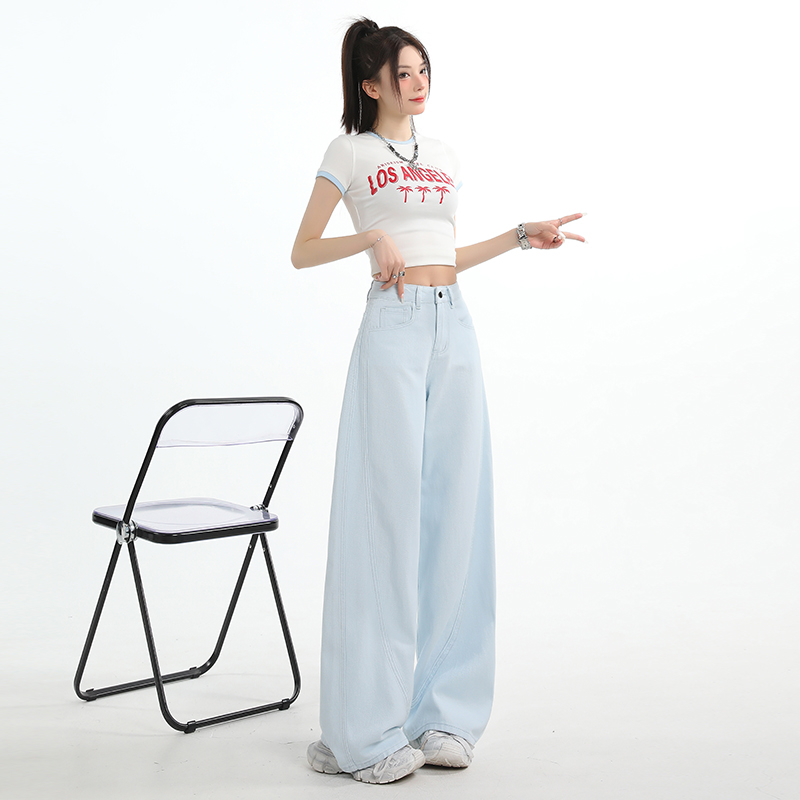 美式高腰牛仔長褲女夏季新款設計感鐮刀褲垂感寬松遮肉闊腿拖地褲