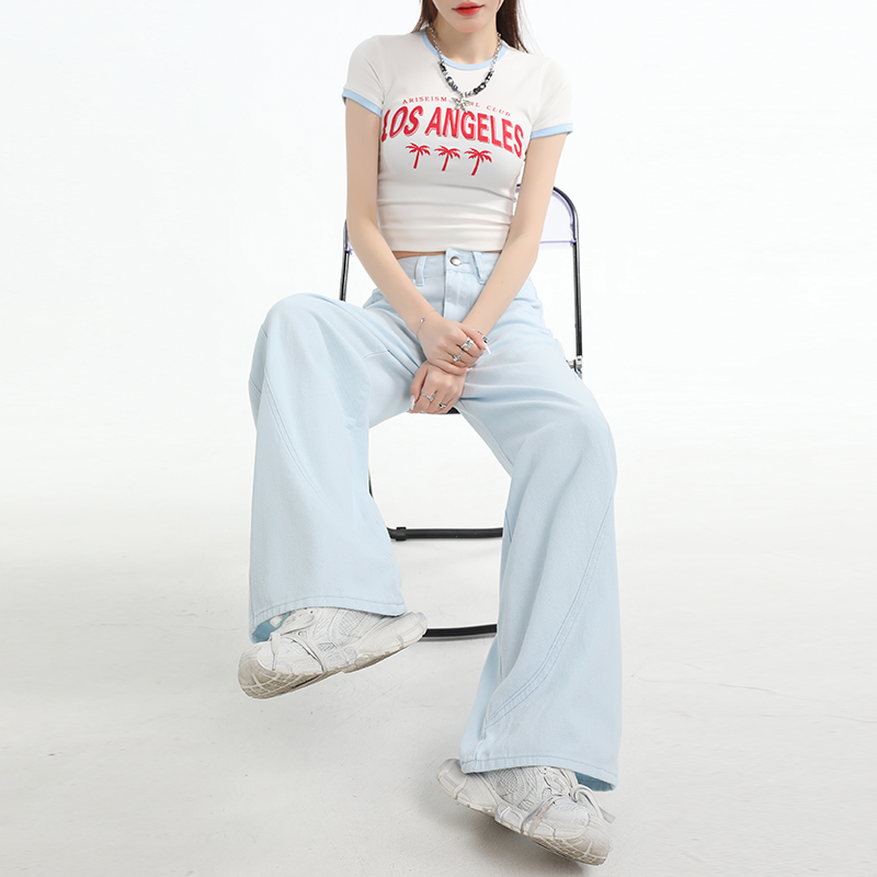 美式高腰牛仔長褲女夏季新款設計感鐮刀褲垂感寬松遮肉闊腿拖地褲