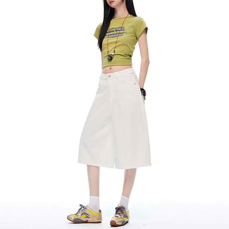 白色牛仔七分褲女夏季2026年新款美式高腰寬松百搭直筒闊腿褲中褲